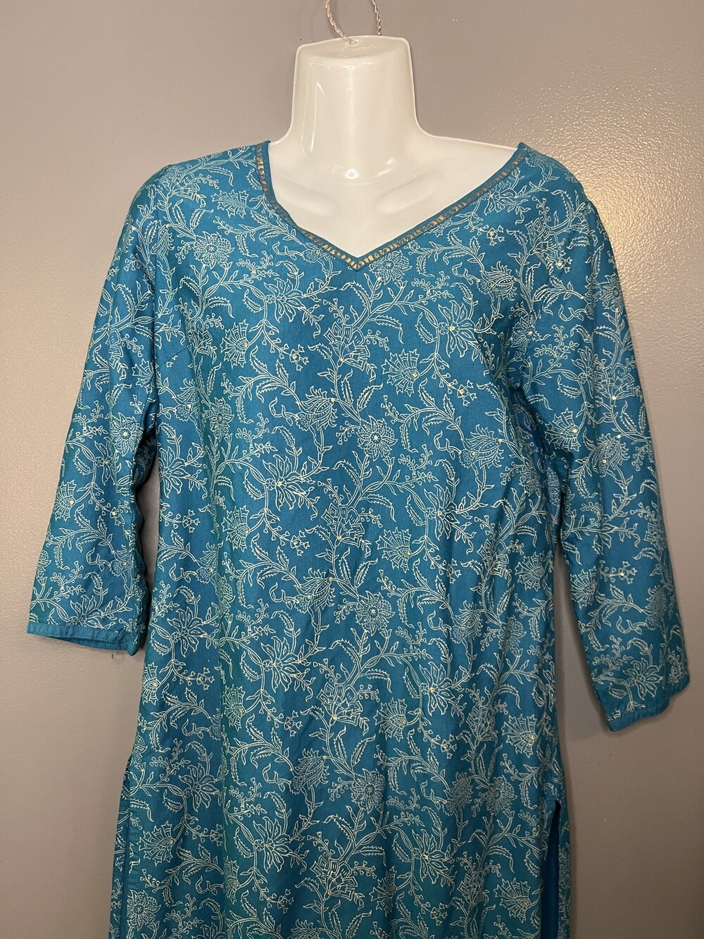 Fabindia Tunic Top Womens Small Blue Floral 3/4 Sleeve V Neck Kurta Boho